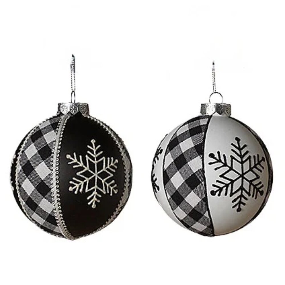 Black White Plaid Snowflake Ball Large Glitter Glass Ornament 4" Set 2
